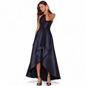 LULUS Broadway Show High-Low Navy Blue Satin Feel Pocket Zip Back Gown Dress S